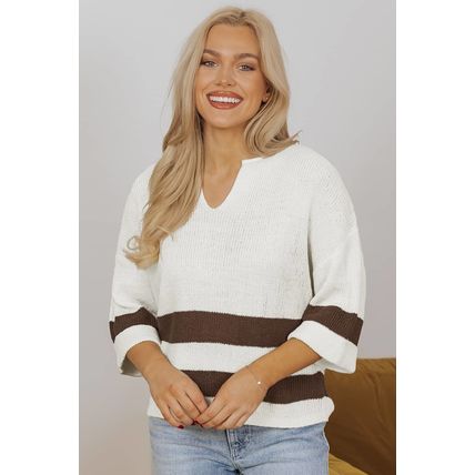 Brown Striped Accent Notched V Neck Cropped Sweater T Shirt