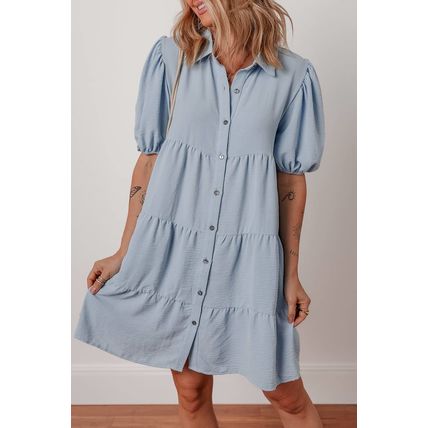 Beau Blue Shirt Collar Button Up Short Puff Sleeve Tiered Shift Dress