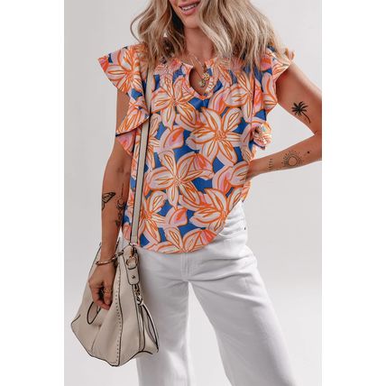 Orange Summer Flower Print Notched Neck Ruffle Sleeve Blouse