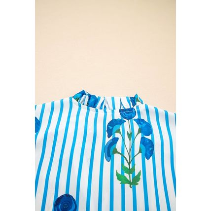 Sky Blue Stripe Floral Buttoned Frilly Notched Neck Puff Sleeve Summer Blouse