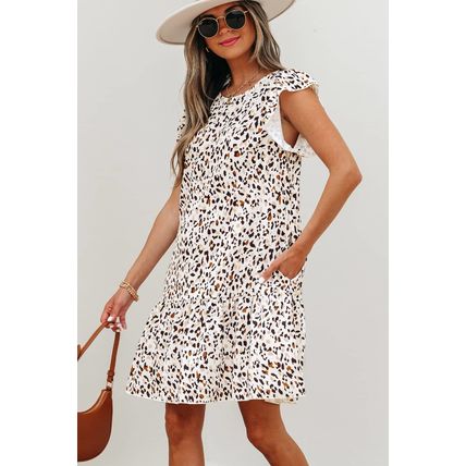 Khaki Leopard Ruffled Flutter Sleeve Keyhole Back Mini Dress