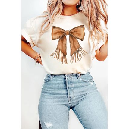 White Tassel Bowknot Print Round Neck Western Fashion T Shirt