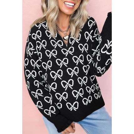 Black Cute Bow Pattern Drop Shoulder Zipped Collar Sweater