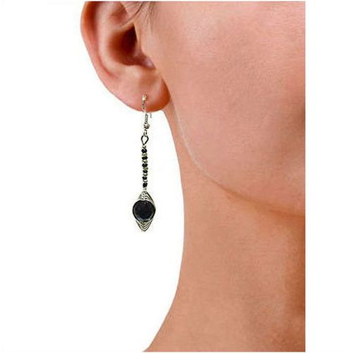 Earrings #b silver plated black glass beads 2.5 inch ladies costume jewelry