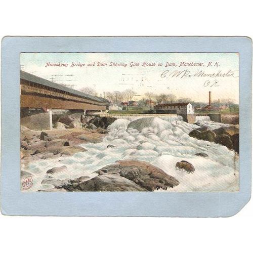 NH Manchester Covered Bridge Postcard Amoskeag Bridge & Dam Showing Gate H~397