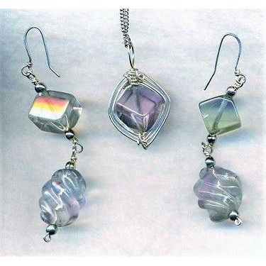 Fluorite Silver Wire Wrap Gemstone Pendant Drop Earrings Set 1