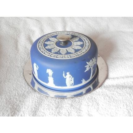 ANTIQUE Wheel Round Of Cheese EPNS Platter With Domed Jasperware Wedgwood Cover