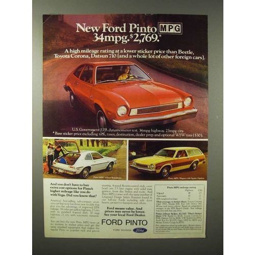 1975 Ford Pinto Car Ad - 34 MPG, $2,769