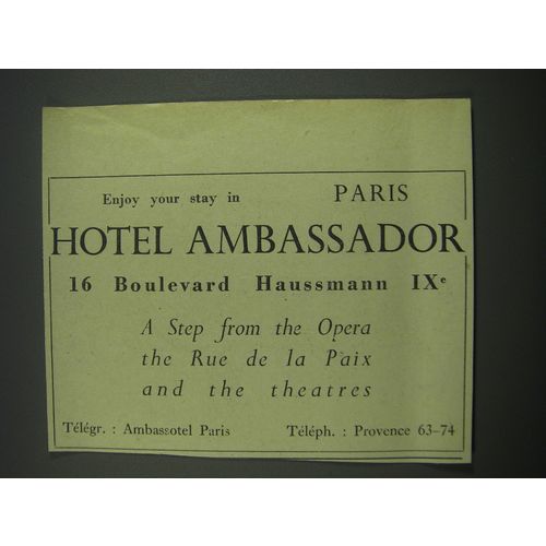 1957 Hotel Ambassador Ad - Enjoy your stay in Paris Hotel Ambassador