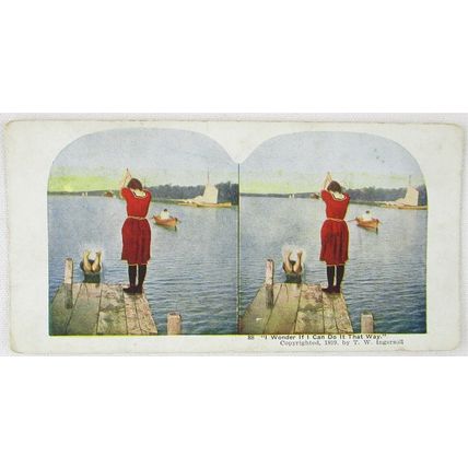 Lot of 3 Antique Color Stereoview Cards, Sailing, Capsizing, Diving