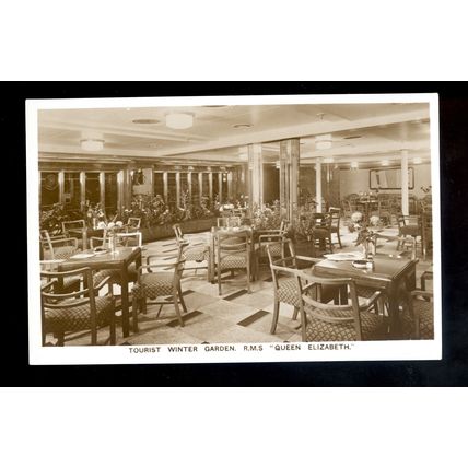LS3863 - Cunard Liner - Queen Elizabeth - Tourist Class Winter Garden - postcard