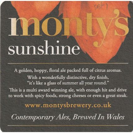 BEER MAT - MONTY'S BREWERY(WALES) - SUNSHINE GOLDEN ALE - (Cat No 012) - (2014)