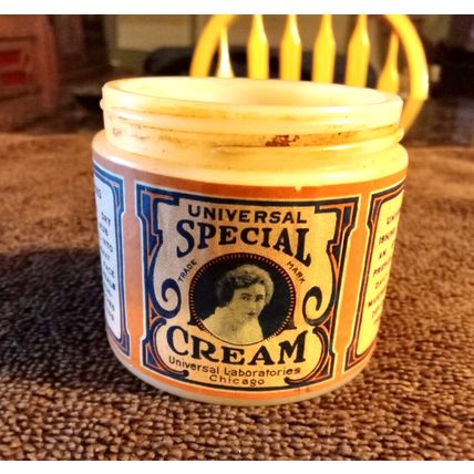 Old Vintage Universal Special Cream Label On Old Milk Glass Jar Circa 1910