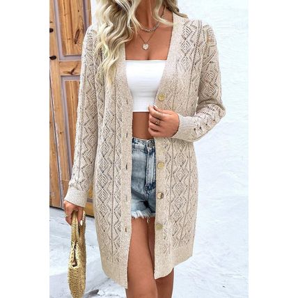 Parchment Hollow Out Buttons Front Long Cardigan