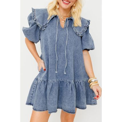 Dusk Blue Ruffled Collared Side Pockets Puff Sleeve Denim Mini Dress