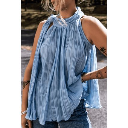 Myosotis Textured Pleated Tied Mock Neck Flowy Tank Top