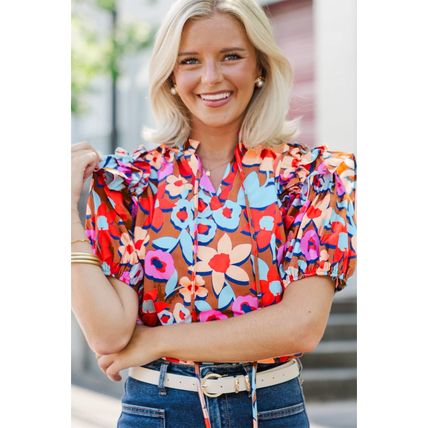 Brown Flower Print Self Tie Frilled Collar Puff Sleeve Blouse