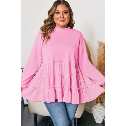 Pink Tiered Ruffle Ribbed Crew Neck Pullover Plus Size Top
