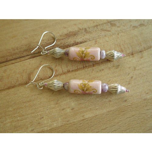 Pink Flower Bead Earrings & Silver Plated Hooks