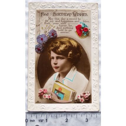1929 postcard Fond Birthday Wishes - Girl Holding Book