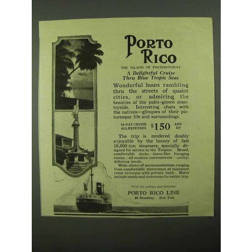 1923 Porto Rico Line Ad - Delightful Cruise Tropic Seas