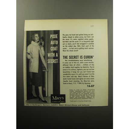 1957 Macy's Pixie Auto Coat Advertisement - Pixie Auto Coat with a secret