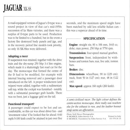 Collectors Club card. Classic Cars. Jaguar XK-SS