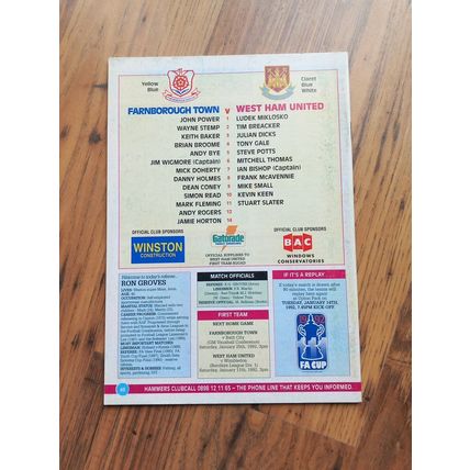 1992 FA Cup 3rd Round - Farnborough T vs West Ham (at Upton Park) ** FREE P&P **