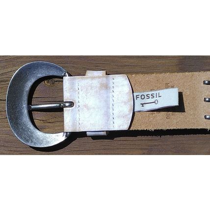 Fossil Women Leather Belt Boho Silver Link Flower Embossed Buckle White Gold NEW