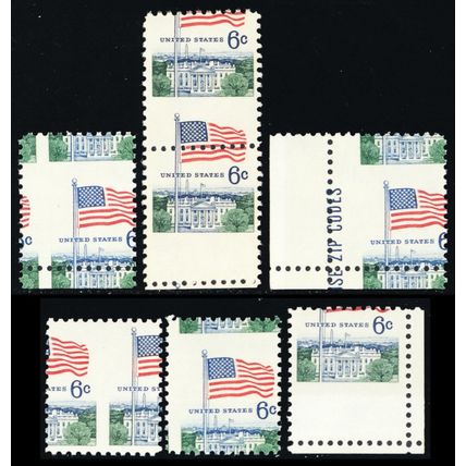1338, Mint NH 6¢ Group of Six Misperf Shift Errors - Stuart Katz