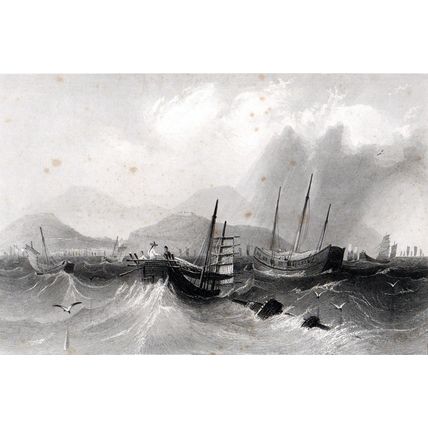 MACAO FROM THE SEA 1870 China Junks - Albert Henry Payne ANTIQUE ENGRAVING