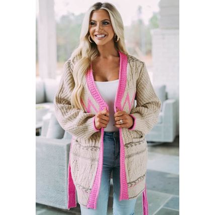 Gray Geometric Cable Knit Pocketed Open Front Cardigan