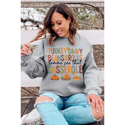 Gray Thanksgiving Slogan Pumpkin Turkey Pie Graphic Sweatshirt