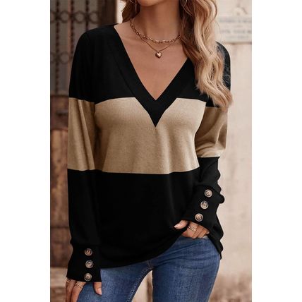 Parchment Colorblock Button Decor Long Sleeve V Neck Top