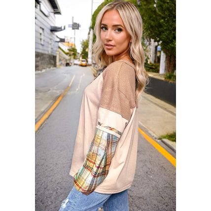 Parchment Plus Size Plaid Patchwork Layered Henley Top