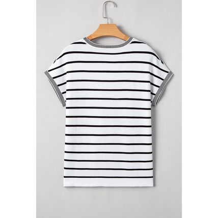White Stripe Knitted Bat Sleeve T Shirt