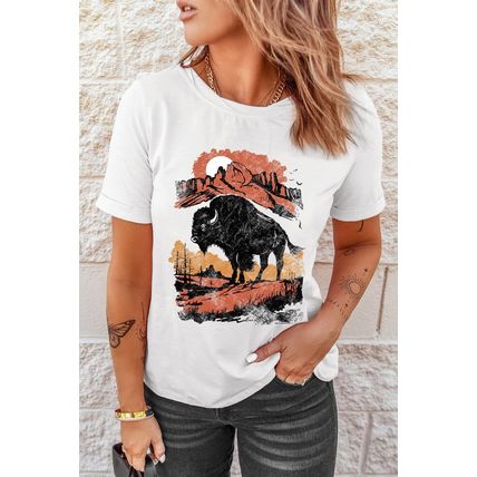 White Western Buffalo On Plains Graphic Crew Neck Tee