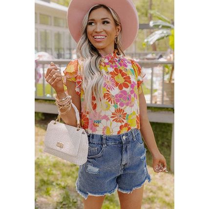 Multicolor Stand Collar Flutter Sleeves Floral Top