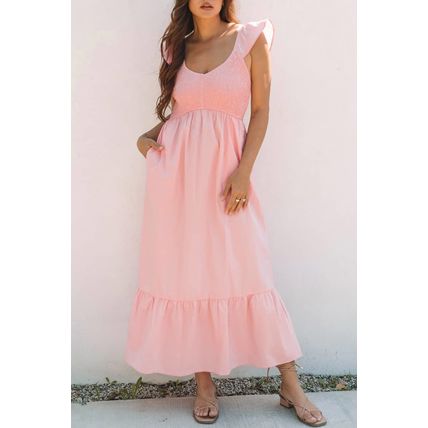 Pink V Neck Flutter Sleeve Smocked Bodice High Waist Ruffle Maxi Dress
