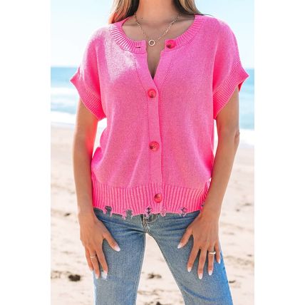 Bright Pink Distressed Hem Short Sleeve Knitted Button Front Sweater