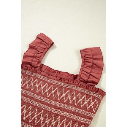 Red Sandalwood Geometric Stitch Shirred Bodice Ruffled Trim Sleeveless Mini Dres