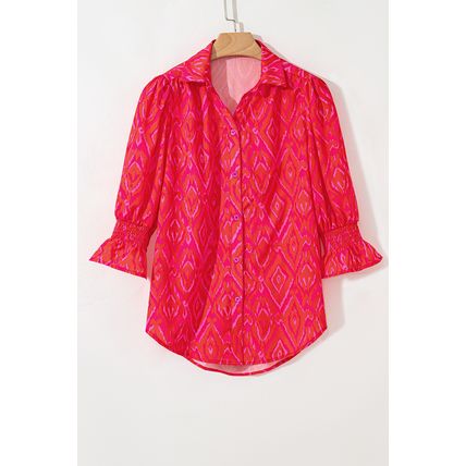 Strawberry Pink Western Aztec Geometric Ruffled 3/4 Sleeve Shirt