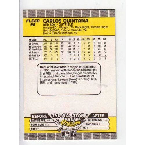 1989 Fleer Carlos Quintana rookie card #95- RC-NM-Red Sox