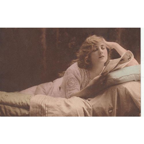 Woman Lazing On A Bed Reading A Magazine Glamour Postcard (GLM1546)