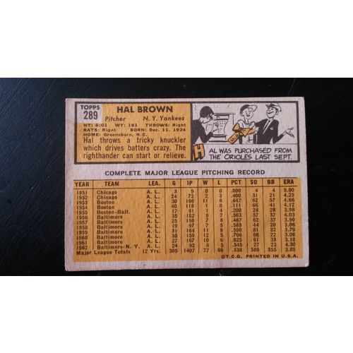 1963 Topps Card # 289 Hal Brown Good (2) New York Yankees