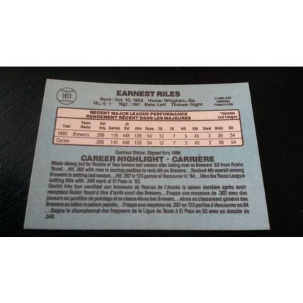 1986 Leaf Card # 161 Earnest Riles Excellent-Mint (6) Milwaukee Brewers
