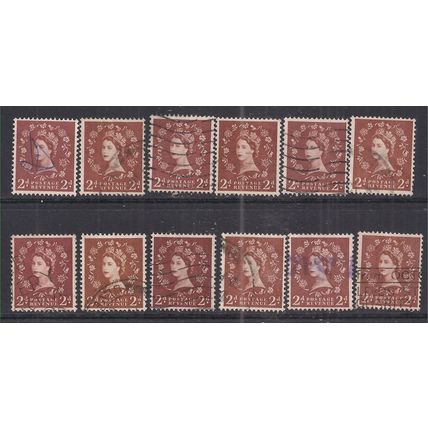 GB 1958 QE2 12 x 2d Brown Wilding wmk 179 SG 573 used ( B704 )