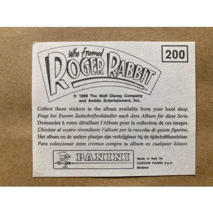 Who Framed Roger Rabbit Sticker # 200 (A) unused 1988 Panini Disney