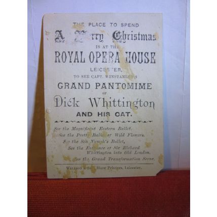 VICTORIAN, ROYAL OPERA HOUSE, LEICESTER. DICK WHITTINGTON PANTOMIME CARD CAT a =
