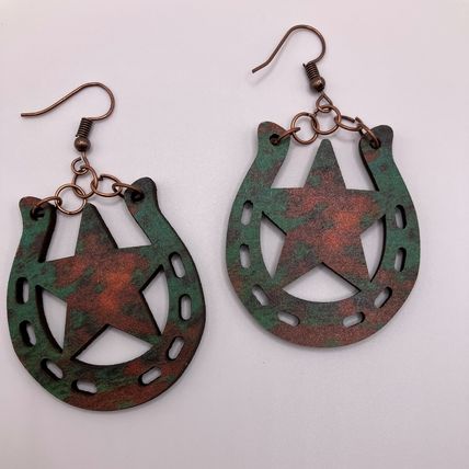 EARRINGS Rustic Horseshoe Lucky Star Wooden #705
